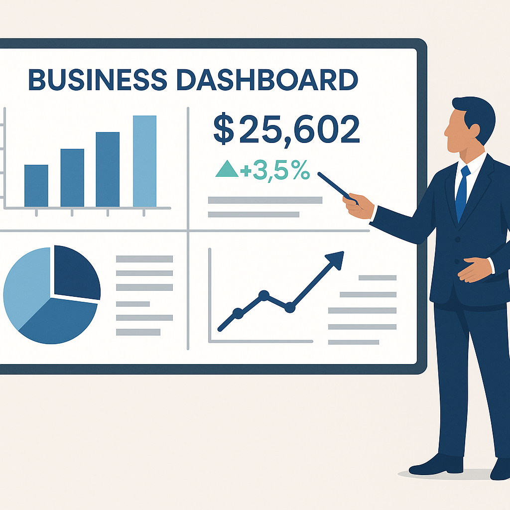 Flat vector illustration of a business dashboard with charts graphs and KPIs on a large screen consultant pointing to growth metrics clean professional corporate colors-1