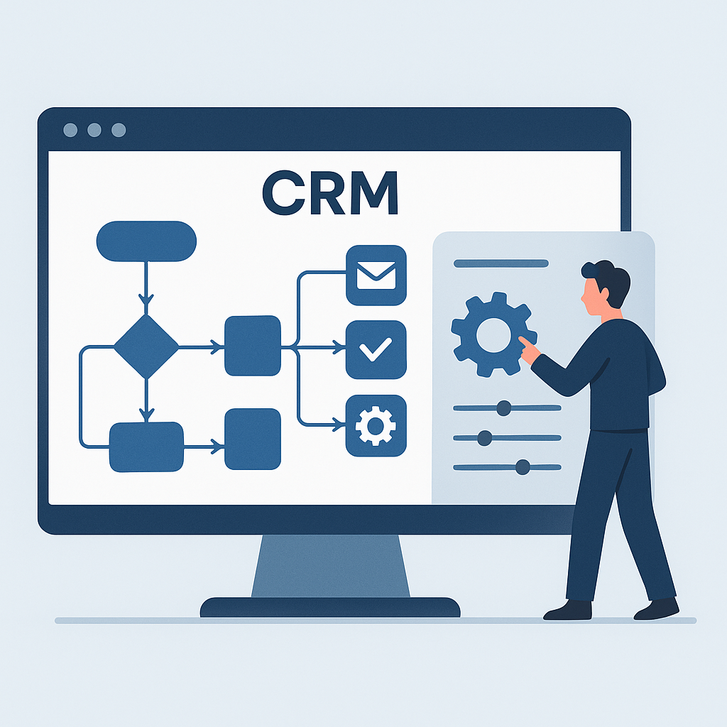 Flat vector illustration of a computer screen displaying a CRM dashboard with automation flowcharts and connected tools consultant adjusting settings modern minimal tech design