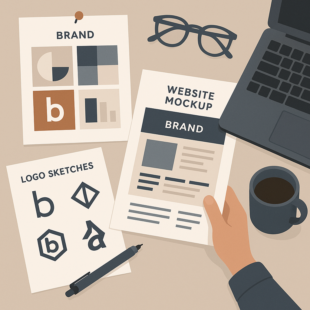 Flat vector illustration of a designers desk with brand mood boards logo sketches and website mockups creative but minimal design professional corporate color palette-1