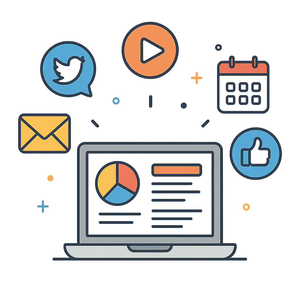 Flat vector illustration of a laptop surrounded by floating icons of social media email and calendar tasks representing digital marketing campaigns modern and colorful with simple clean line