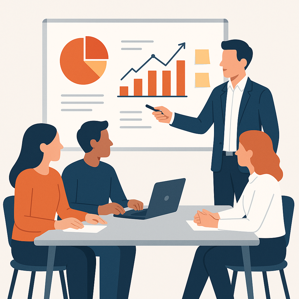 Flat vector illustration of a small business team around a table with a consultant pointing at a whiteboard filled with marketing charts and sticky notes clean minimal design modern corporate color palette-1